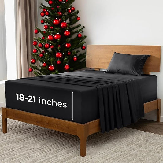 Mellanni Extra Deep Twin Sheets - 3 PC Iconic Collection Bedding - Hotel Luxury, Ultra Soft, Cooling Bed Sheets - Wrinkle, Fade, Stain Resistant (Twin, Black)