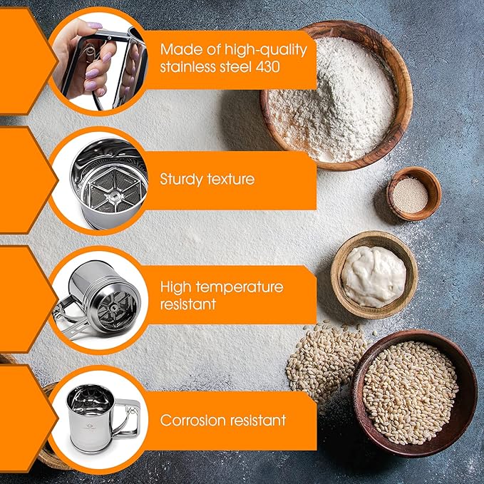 Flour Sifter , 3 Cup Stainless Steel , Great Double-layer Baking Sifters for all Baking Flour and Powdered sugar, Flour Strainer