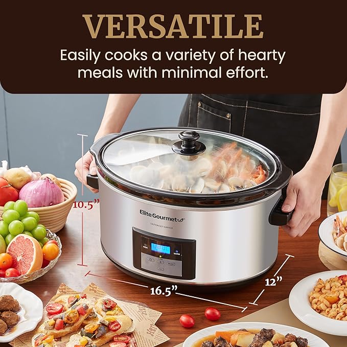 Elite Gourmet MST-900D 8.5Qt Digital Programmable XL Jumbo Slow Cooker, Adjustable Temp, Entrees, Sauces, Stews & Dips, Dishwasher Safe Glass Lid & Crock, Stainless Steel
