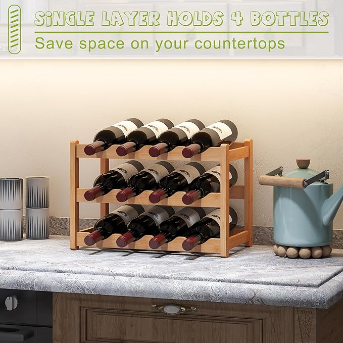 BMOSU Bamboo Wine Rack Wine Storage Cabinet Shelf 12 Bottle Wine Racks Countertop Sturdy for Kitchen Dining Room Pantry - 3 Tiers Wine Rack(Natural)