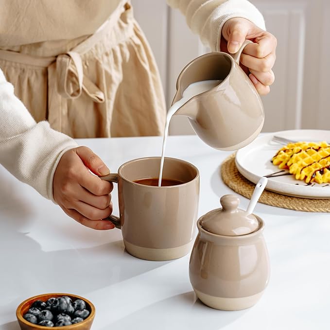 famiware Milkyway Ceramic Sugar and Creamer Set, 10oz Sugar Bowl & 13oz Creamer Set – Stoneware Milk Pitcher & Sugar Dispenser for Coffee Bar, Kitchen, Countertop, Coffee Serving Set, Cinnamon Brown