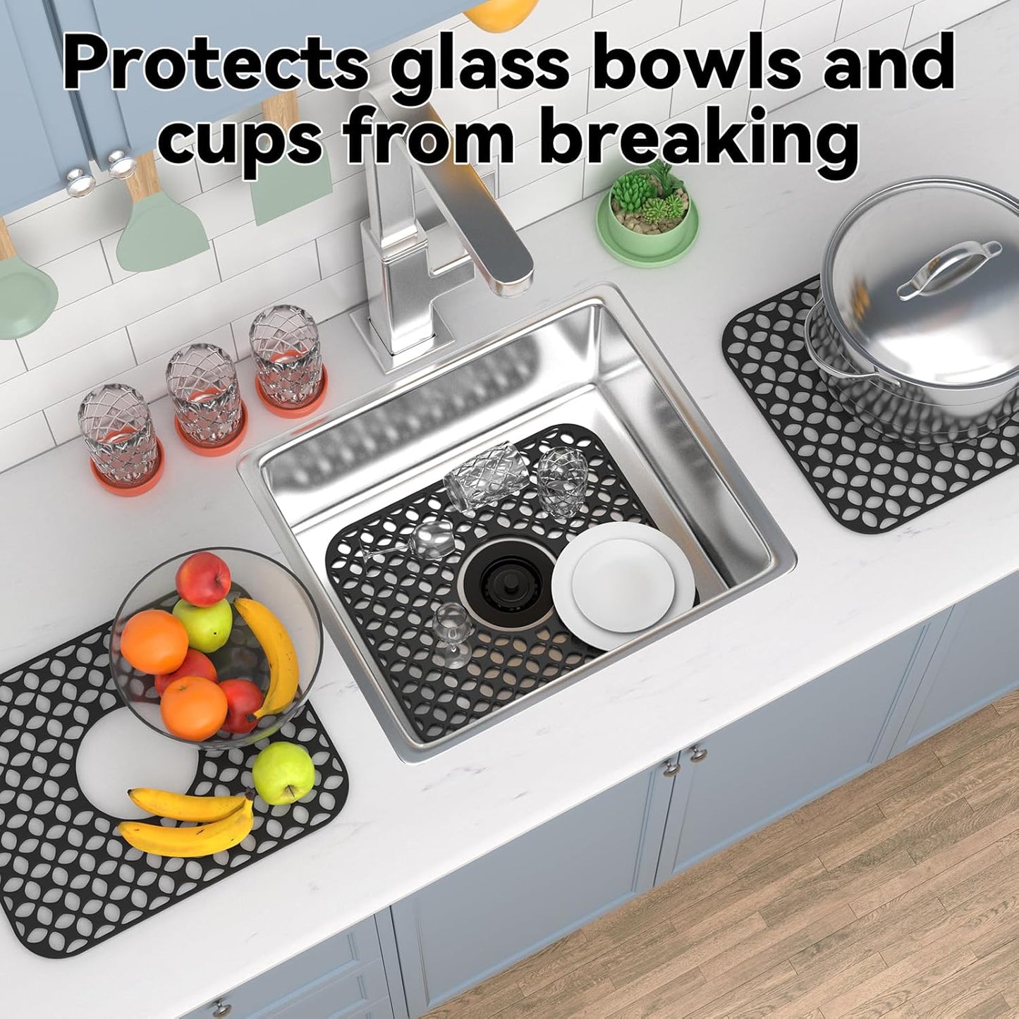 TOOVEM Kitchen Sink Mats, 2PCS Non-Slip Heat Resistant Silicone Sink Protector Mat, Folding Farmhouse Rear Drain Sink Mats (Type2: Center Drain, Black)