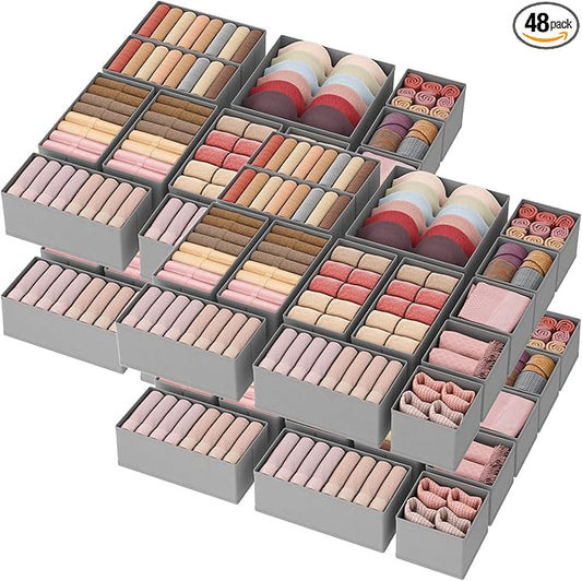 Lifewit Drawer Organizer Clothes for Closet 48 Pack, 3 Sizes Underwear Wardrobe Drawer Dividers, Fabric Foldable Dresser Storage Organizer Bins for Sock/Bra/Lingerie/Undies, Light Gray