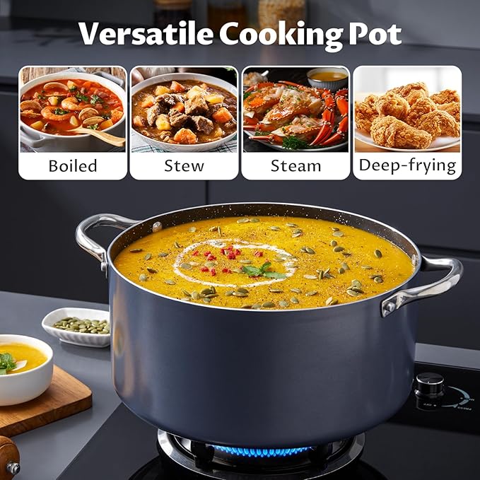 BEZIA 10 Quart Cooking Pot, Large Non Stick Induction Stock Pot with Lid, All Stove Compatible, 10 QT Aluminum Soup/Stew Pot For Large-batch Cooking, Grey