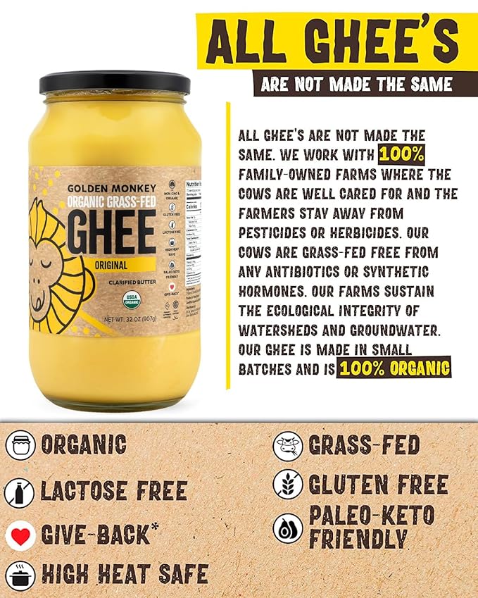 GOLDEN MONKEY Organic Ghee Butter – Grass Fed Clarified Butter for Cooking, Baking, Keto & Gut Health – Ghee Butter Organic Grass Fed from Small Farms – Smooth Spread with High Smoke Point (32oz)