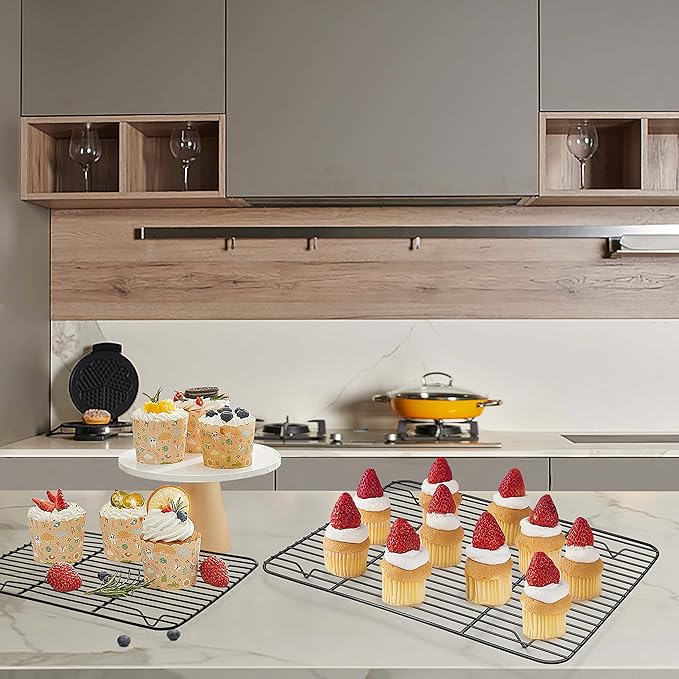 TeamFar Cooling Rack Set of 4, Stainless Steel Black Non-Stick Coated Various Size Wire Baking Roasting Rack for Baking Sheet Toaster Oven Pan, Non-Toxic & Non-Stick, Heavy Duty & Easy Clean