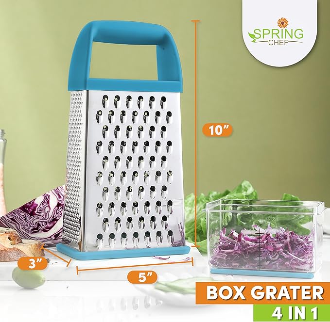 Spring Chef Professional 10" Parmesan Cheese Grater With Container, Stainless Steel & Soft Grip Handle, 4 Sided Kitchen Cheese Shredder Handheld Box Grater for Vegetables, Carrot, Ginger - Aqua Sky