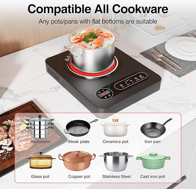 Single Burner Electric Cooktop 1800W - 110V Electric Stove Top Burner Portable Stove with LED Touch Control 10 Power Level, Hot Plate with Child Safety Lock, Timer and Overheat protection