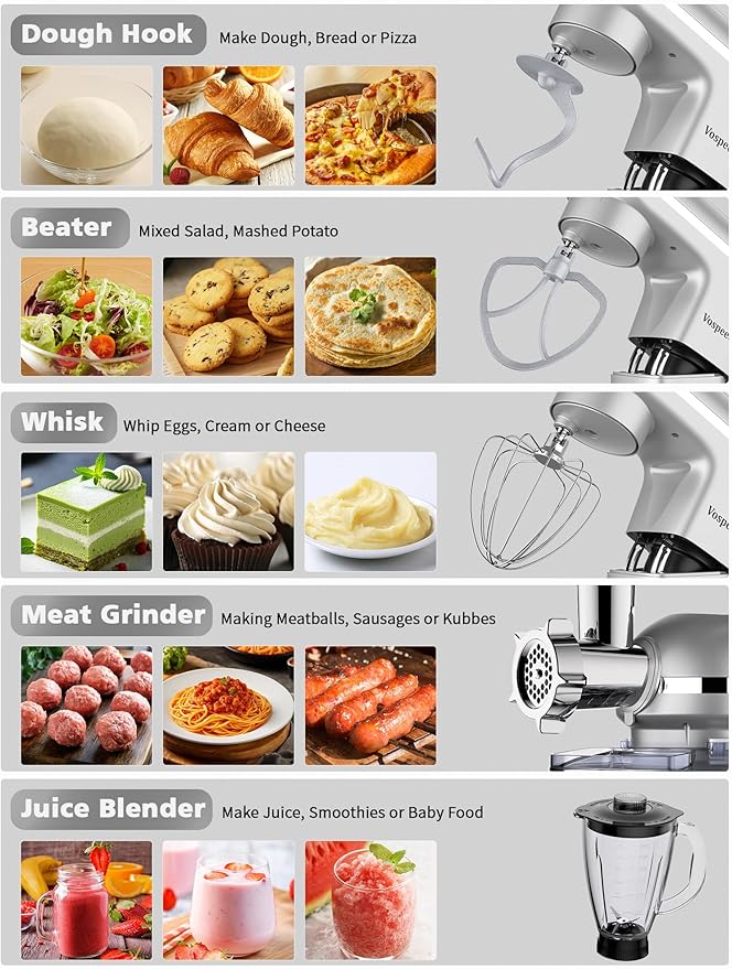 Vospeed 9 IN 1 Stand Mixer, 850W Tilt-Head Multifunctional Electric Mixer with 8 QT Stainless Steel Bowl, 1.5L Glass Jar, Meat Grinder, Hook, Whisk, Beater Dishwasher Safe (Silver)