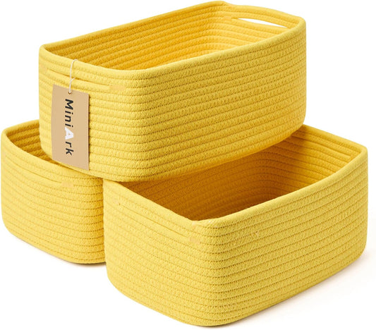 Small Storage Baskets for Organizing | Closet Organizer Bins | Shelf Toy Basket | Woven Rope Baskets | Cube Decorative Box | Shallow Basket | 13x8.5x5.1” | 3 Packs Yellow