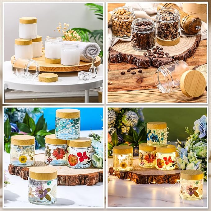 Norme 96 Pcs Glass Jars with Lids Empty Small Glass Containers and Inner Liners Reusable Cosmetic Jars Round Airtight Bottles with Plastic Woodgrain Lids for Travel (4oz)