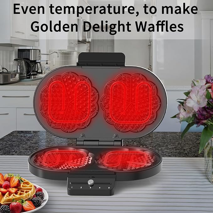 Electric Waffle Maker Heart-Shaped: 2 Non-Stick double-Side Heating Plates with 5-Setting Adjustable Browning Control for Fast Heating - No Flip Design & Compact Storage for Busy Families