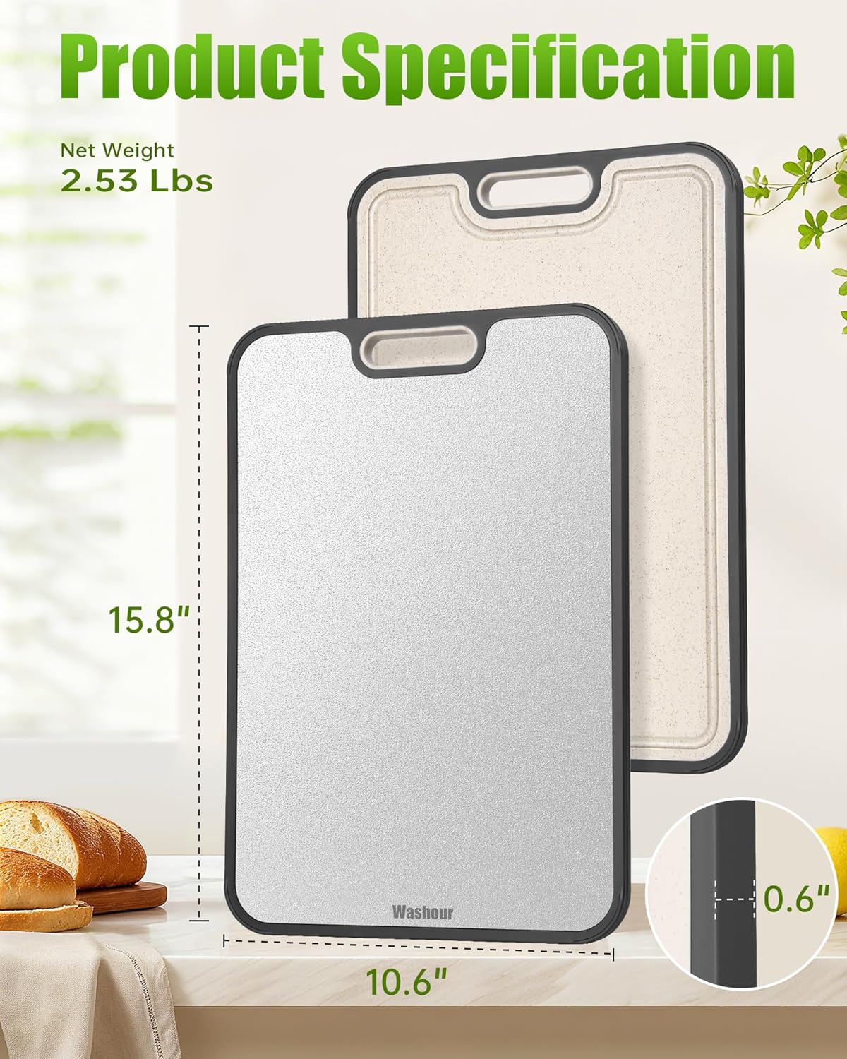 Stainless Steel Cutting Board, Double Sided 304 Steel & Food-Grade PP, Large Chopping Board Food Grade for Meat and Fruit, Non-Slip, Gifts for Housewarming 16”×11”