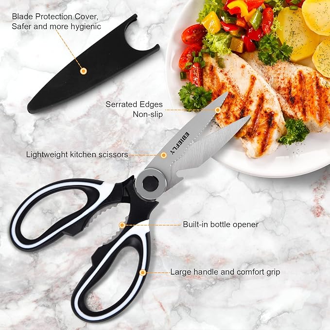 Kitchen Scissors Utility Chopping Scissor Professional Shears for Meat Cutting Sharp Kitchenad Shears Multipurpose Scissor for Food Outdoor BBQ No Rust + 100 Pcs Plastic Gloves Disposable