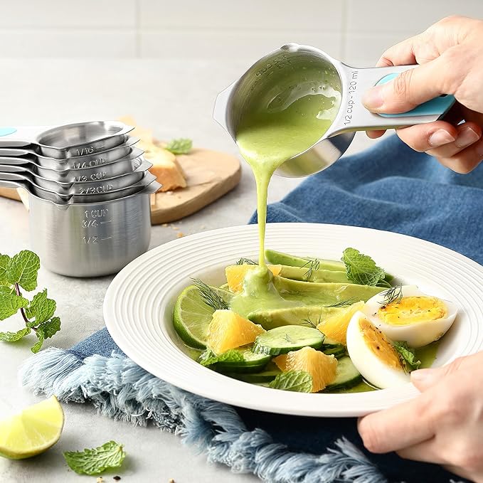 Spring Chef Magnetic Measuring Cups & Spoons Set (Patent Pending), Strong Magnets, Heavy Duty Stainless Steel Fits in Spice Jars for Baking & Cooking, BPA Free, Round Set of 15 with Leveler, Aqua Sky