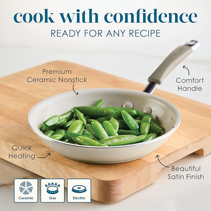 Rachael Ray Cucina Ceramic Nonstick Frying Pan/Skillet, 8.5 Inch Non Stick Open Fry Pan, Dishwasher Safe - Almond