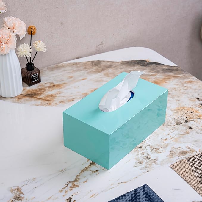 PEMAR Rectangular Lacquer Tissue Box, Handmade Rectangle Tissue Holder Decorative Napkin Dispenser Organizer Rustic Farmhouse Vintage Decor (Aqua)