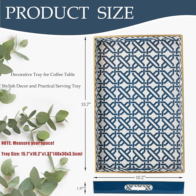 Spsyrine White Serving Tray, Plastic Marbling Tray for Coffee Table, Stylish Rectangular Decorative Tray with Handles, Ottoman Tray for Living Room, Bathroom, 15.6” X 10.2"