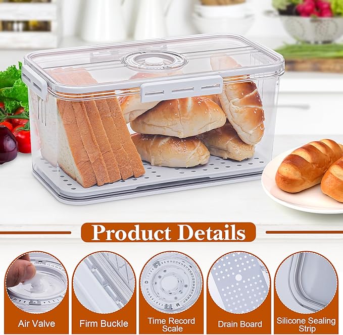 Bread Box for Homemade Bread Boxes for Kitchen Counter Airtight, Time Recording Bread Storage Container with Lid, Bread Containers Storage Airtight Loaf Bread Keeper, Large, White