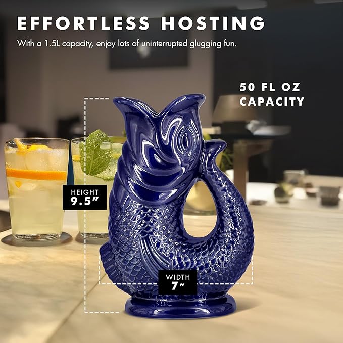 Gurgle Glug Jug The Bubble Jug® Ocean Green 50 fl oz 1.5L Litre Extra Large Pitcher - Fish Shaped Jug - Decorative Ceramic Glugging Cocktail, Water and Gin Vase and Gurgling Carafe Pot