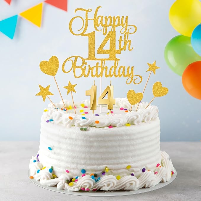 14th Birthday Cake Decorations, 14th Birthday Candles Cake Numeral Candles and Glitter Happy 14th Birthday Cake Toppers Set for Birthday Party Supplies (Gold)
