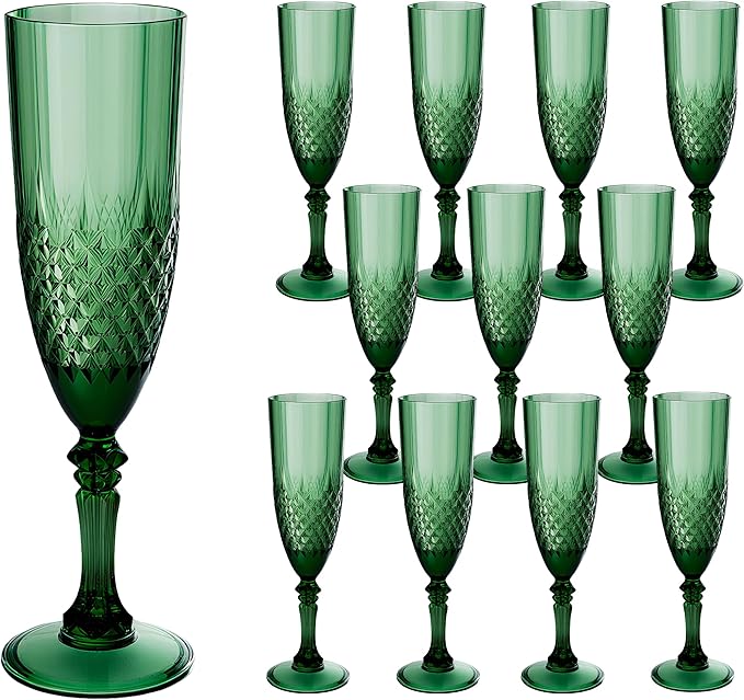 Plastic Champagne Flutes, 12PCS Dark Green Plastic Wine Glasses Goblets Reusable Champagne Flute for Weddings, Bachelor Parties, Toasting, and Events(12, Dark Green)