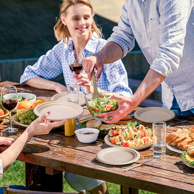 Gezond 150pcs Compostable Paper Plates 9 Inch Disposable Plates Unbleached Heavy Duty Eco-friendly Sugarcane Fiber Biodegradable Plate for Party Picnic