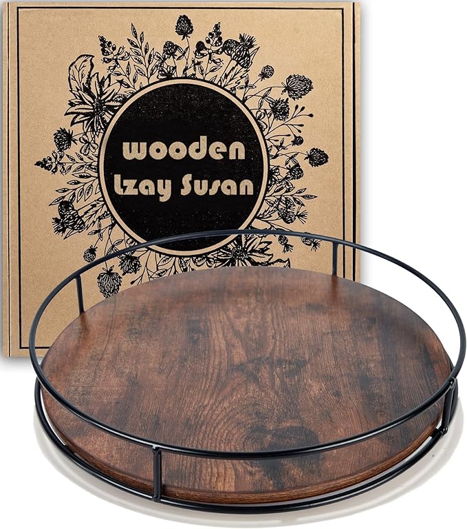 10 Inch Wood Lazy Susan, Rustic Brown Turntable Organizer with Steel Frame, 360 Degree Decorative Turntable for Countertop or Centerpieces