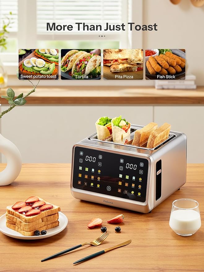 Yabano 4-Slice Toaster with Smart Touch Control, 6 Shade Levels & 6 Bread Settings, Extra Wide Slot for Bagels/English Muffins, Compact Design with Removable Crumb Tray
