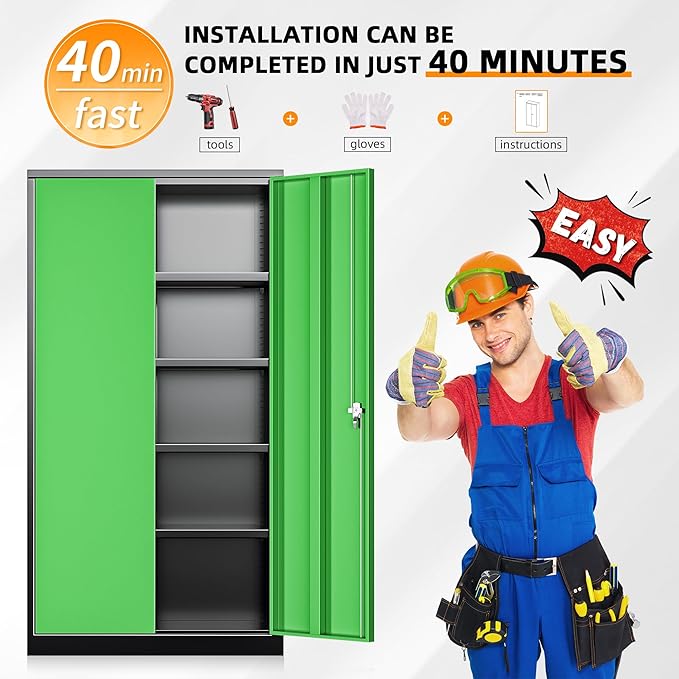 INTERGREAT Storage Cabinet, 72” Steel Locking Closet with Doors and 4 Adjustable Shelves, Tool Unit for Home Office, Garage & Tall Lockable File Cabinet, Black Green.