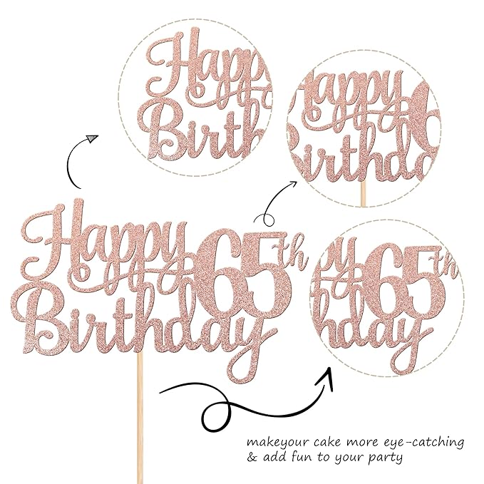 1 PCS Happy 65th Birthday Cake Topper Glitter Cheers to 65 Years Birthday Cake Pick 65 Fabulous Cake Decoration for Happy 65th Birthday Theme Party Decorations Supplies Rose Gold