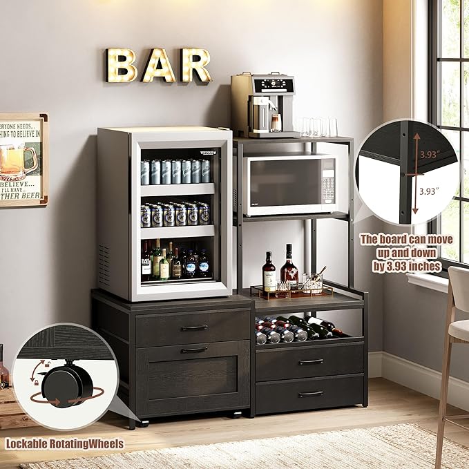 Mini Fridge Stand with Wine Rack, Kitchen Bakers Rack with Power Outlet, Microwave Oven Stand, Coffee Bar, Movable Drawers, for Dorm,Office, Black HB04BXB