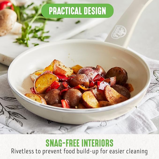 GreenLife Soft Grip 16 Piece Cookware Set, Non-Toxic PFAS-Free Ceramic Nonstick, Frying, Sauce, Saute, Utensils, Glass Lids, Stay-Cool Handles, Wobble Free, Dishwasher & Oven Safe, Cream