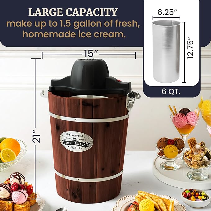 Elite Gourmet EIM949 Old Fashioned 6 Quart Vintage Walnut Wood Bucket, Electric Ice Cream Maker Machine Appalachian, Uses Ice and Rock Salt