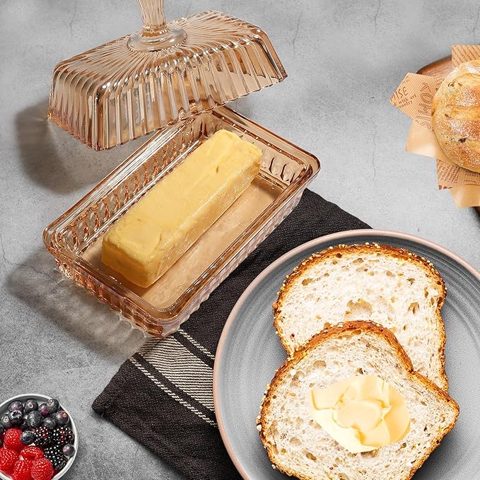 Wide Glass Butter Dish with Cover for Countertop Vintage Crystal Butter Holder for Counter Covered Glass Butter Keeper Butter Holder for Refrigerator,Butter Tray with Two Stick 4oz Butter