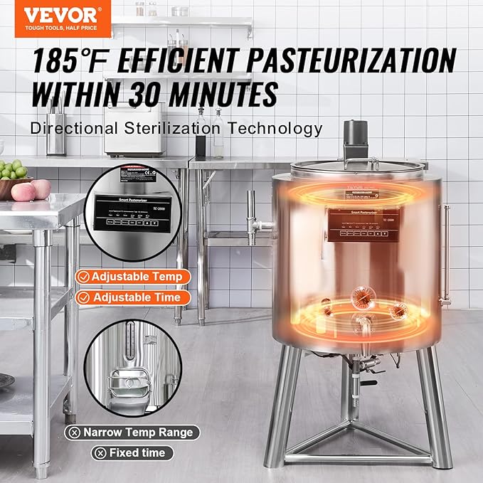 VEVOR Milk Pasteurizer 50L, Commercial Milk Pasteurization Machine, Food Grade 304 Stainless Steel, Professional Pasteurization with Time and Temperature Control, for Milk Juice Yogurt Sterilization