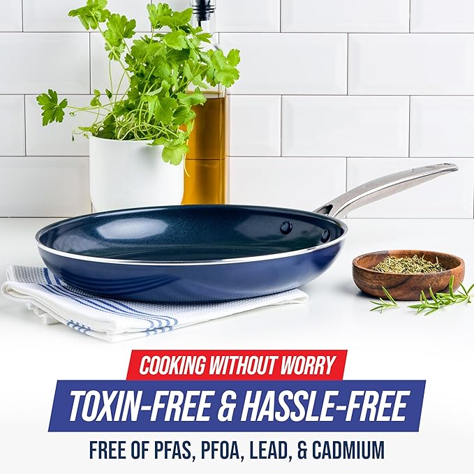 Blue Diamond 12" Nonstick Frying Pan Skillet, Diamond Infused PFAS & PTFE-Free Ceramic Pot, Dishwasher & Oven Safe, Stay Cool Handle, Durable Non Toxic Metal Utensil Safe, Egg & Omelet Pan, Blue