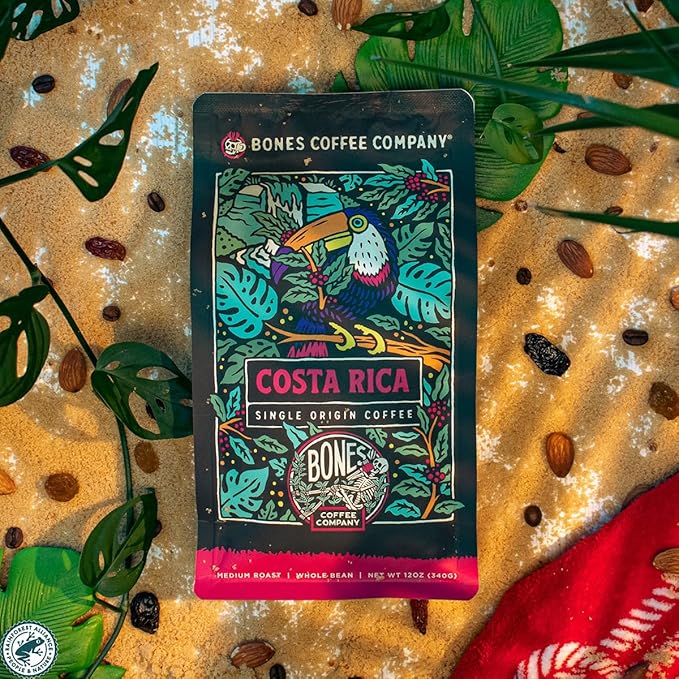 Bones Coffee Company Costa Rica Single-Origin, Cocoa, Nutty and Milk Chocolate Notes, Ground Coffee Beans, Low Acid Medium Roast Arabica Beans Flavored Coffee for Auto drip Coffee Maker, 12 oz Ground