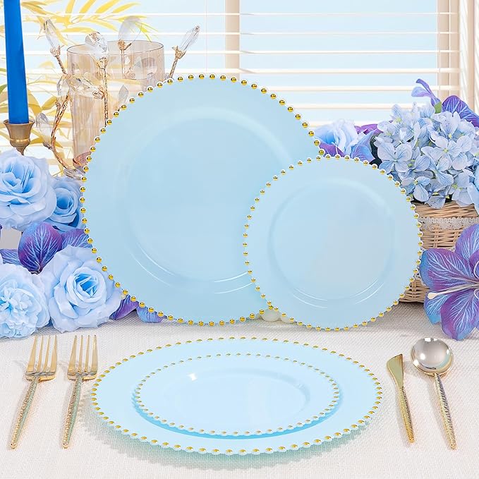 supernal 100PCS Blue Plastic Plates with Gold Beads - Disposable Heavy Duty Elegant Light Blue Plastic Plates Set Include 50 Dinner Plate and 50 Dessert Plate Perfect for Wedding, Birthday & Party