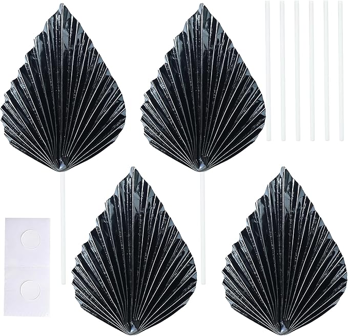 Gyufise 6Pcs Paper Palm Fan Cake Toppers Palm Spear Leaves Fan Cupcake Toppers Cake Insert Decorations Craft DIY Cake Bakeware Decoration for Birthday Party Wedding Party Decor Supplies Light Black