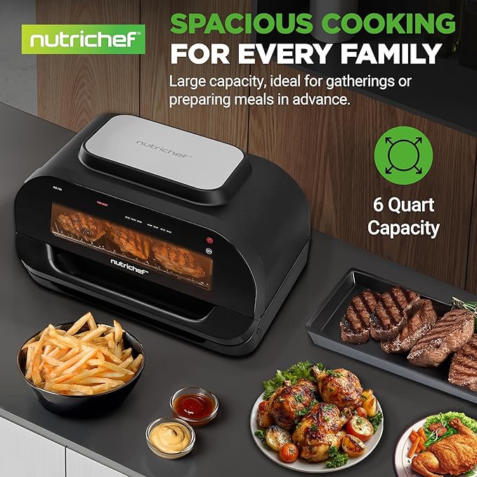 NutriChef Indoor Smokeless Grill | Smart Grill & Air Fryer with 7 Cooking Functions | 6L Capacity | Includes Smart Thermometer | Precise Temperature Control | Non-Stick Removable Grill Plates