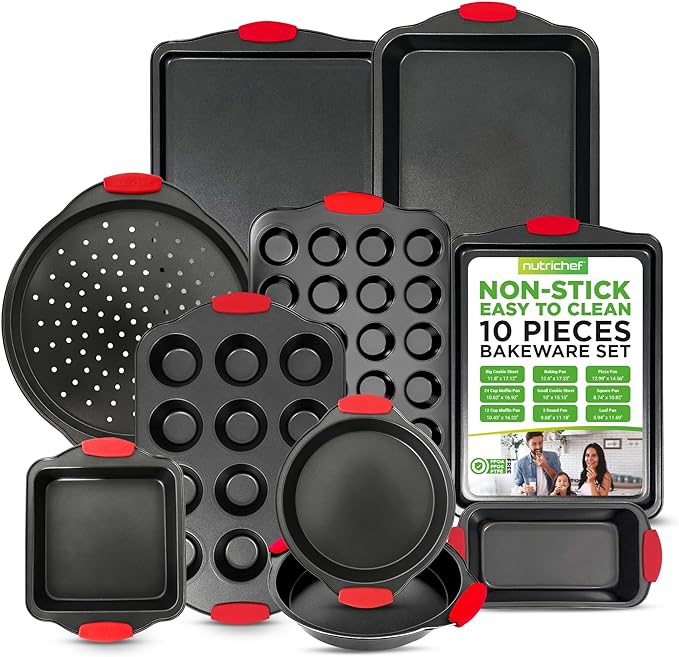 NutriChef Premium 10-Piece Bakeware Set - Flexible Nonstick Carbon Steel, Stylish Red Silicone Handles, Oven Safe Up to 450°F, Dishwasher Safe, Ideal for Baking Cakes, Muffins & More