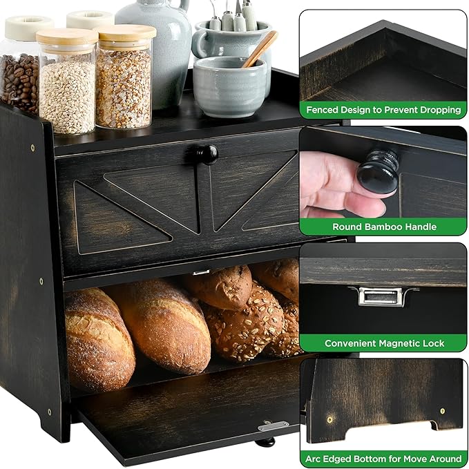 Ollieroo Vintage Double Layer Bread Box for Kitchen Countertop, Bamboo Bread Storage Container, Breadbox for Homemade Bread, Large Capacity Bread Bin(Black)