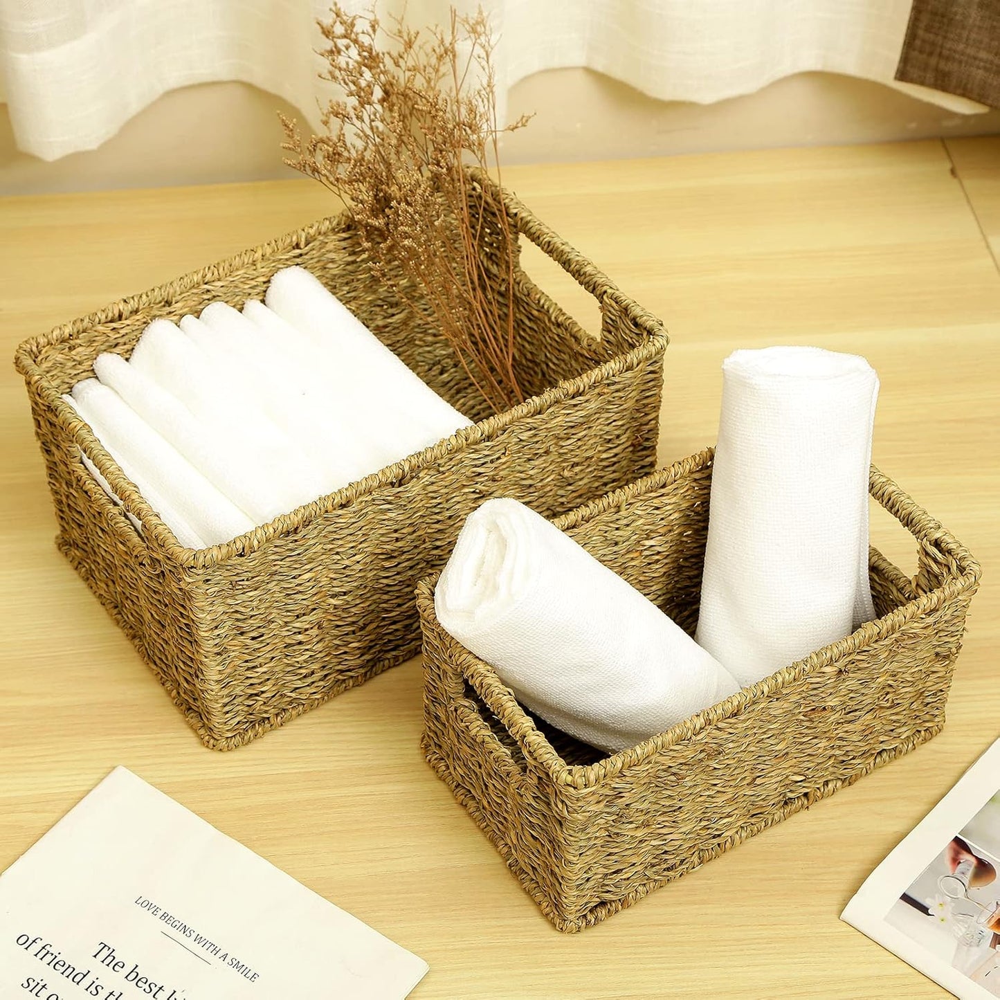 HOONEX Wicker Baskets for Storage, Seagrass Baskets with Dual Handles, Woven Baskets for Shelves, Set of 2, Natural