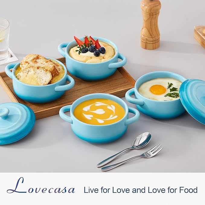 LOVECASA Mini Cocotte Set, 12 OZ Small Casserole Dishes with Lids, Soup Bowls With Handles, Individual Ramekins, Oven, Microwave & Dishwasher Safe, Set of 4, Blue
