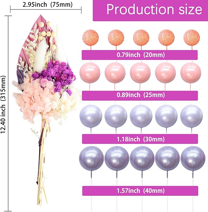 Gyufise 21 Pack Flower Boho Cake Topper Ball Cake Decorations Palm Leaves Plants Cake Decor for Girl Bohemian Princess Theme Wedding Baby Shower Birthday Party Supplies Pink Purple