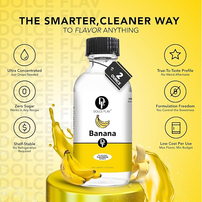 Dolce Flav Banana Extract – 2 Ounce Oil-Soluble Kosher, Sugar-Free, Concentrated Ripe Banana Flavoring for Baking, Smoothies & Ice Cream, Includes Measured Dropper