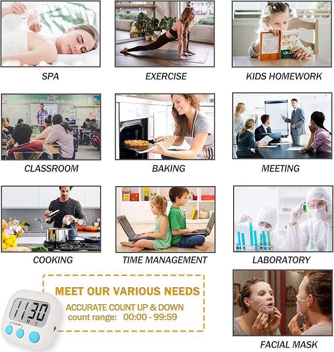 2 Pack Digital Kitchen Timer for Cooking Big Digits Loud Alarm Magnetic Backing Stand Cooking Timers for Baking White