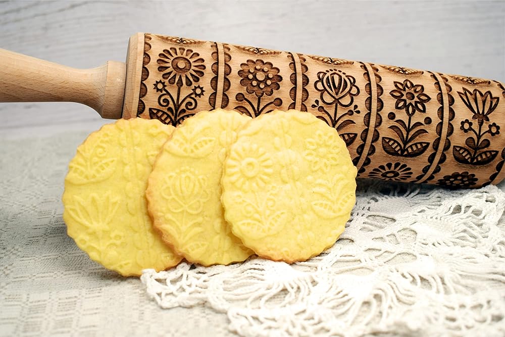 FOLKSY FLOWERS Embossing Rolling Pin. Laser Engraved Dough Roller with Folk Pattern for Embossed Cookies and Pottery by Algis Crafts