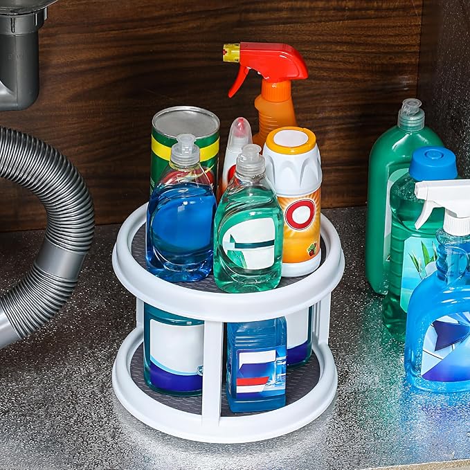 2 Pack, 2 Tier 10" Turntable Lazy Susan Spice Organizer - Rotating Seasoning Rack Spinner for Pantry Cabinet Kitchen Countertop, Table Top Organizing - Multiuse Two Tier Rotating Organization Rack